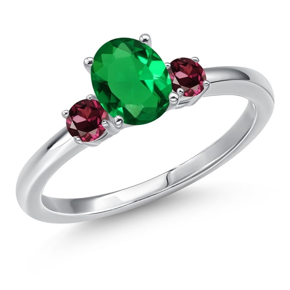 Gem Stone King 14K White Gold Green Nano Emerald and Red Rhodolite Garnet Engagement Ring for Women | 0.84 Cttw | Oval 7X5MM | Gemstone May Birthstone | Size 5