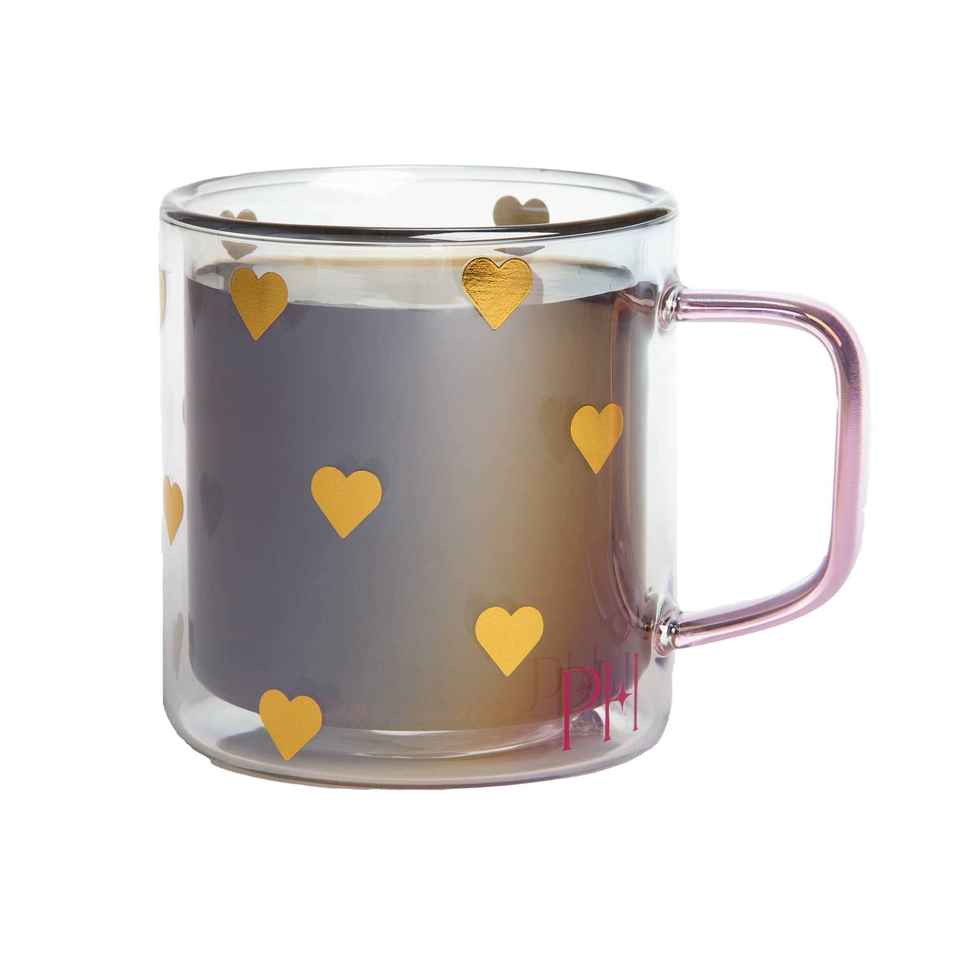 (2 pack) Paris Hilton Double Wall Glass Coffee Mug,13.5 Ounces, Hearts