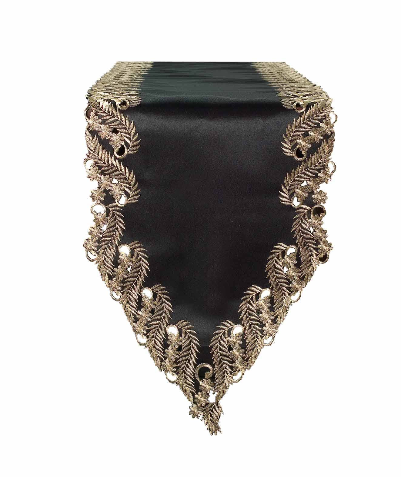 Gold Lace Black Table Runner - Dresser Scarf European Embroidery - Perfect for Fall Autumn Thanksgiving Kitchen Dining Room Home Decor Wedding Receptions - 14 x 108 inches - The Anyce Collection