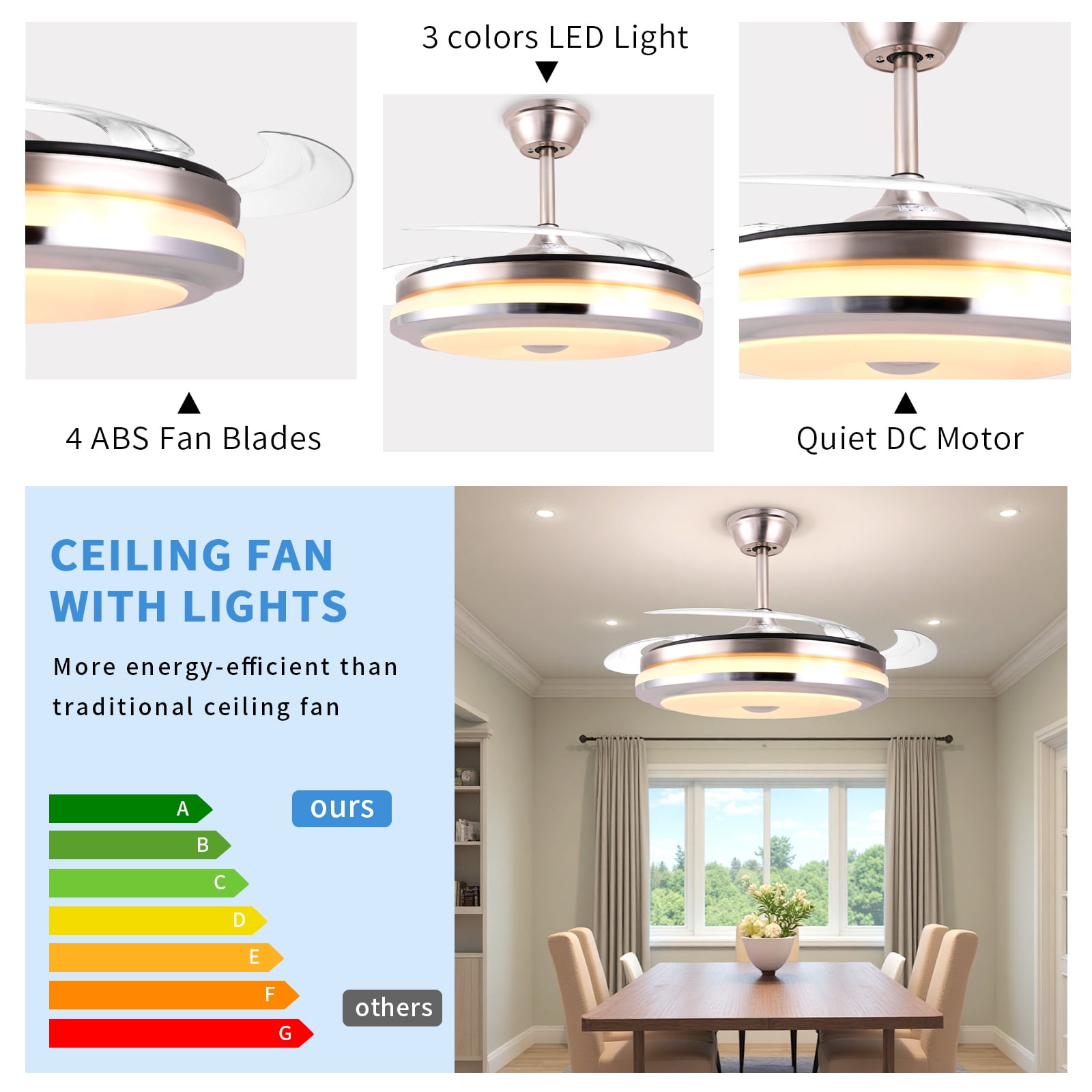 Smart Retractable Ceiling Fan with Light, 42 Inch Fandelier Remote Control, 3 Color Temperature Dimmable LED, 6 Speed Quiet Reversible DC Motor for Bedroom Living Room Kitchen