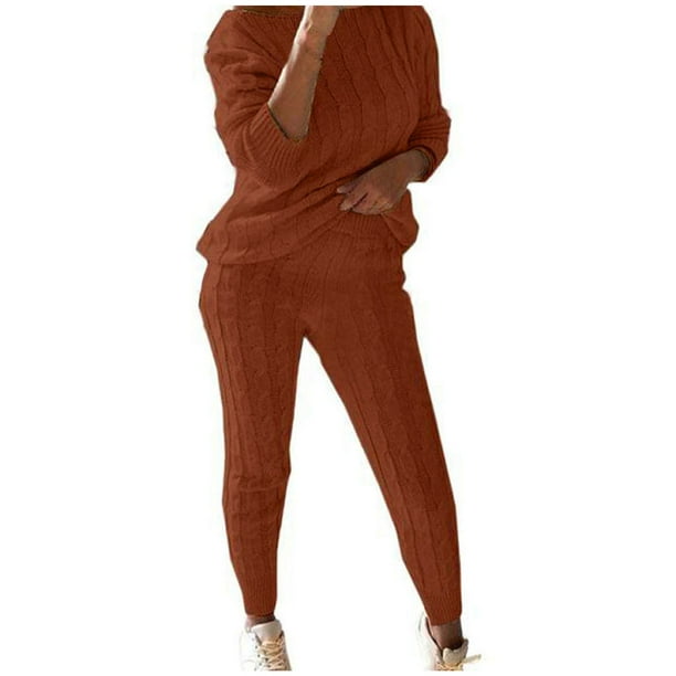 Wide Leg Pants for Women Womens Solid Color Off Shoulder Long Sleeve Cable  Knitted Warm Two-Piece Long Pants Sweater Suit Set 