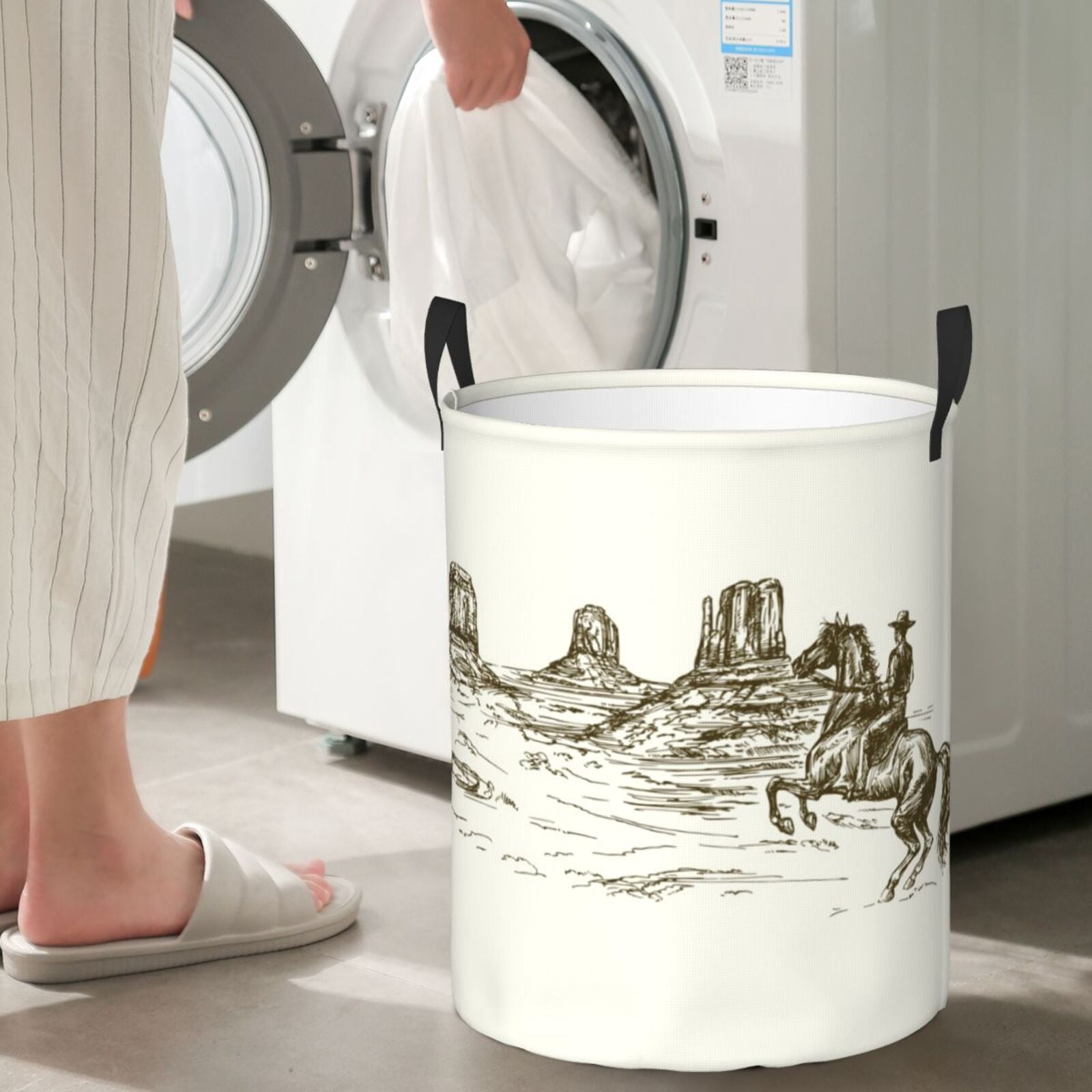 Large Laundry Basket with Handles - Wild West Desert With Cowboy Kids Baby Dirty Clothes Laundry Hamper for Bedroom Aesthetic