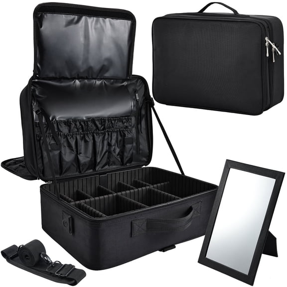 Professional Makeup Case with Mirror 3 Layers Cosmetic Train Case Extra Large Salon Bag Nail Organizer with Adjustable Strap and Dividers