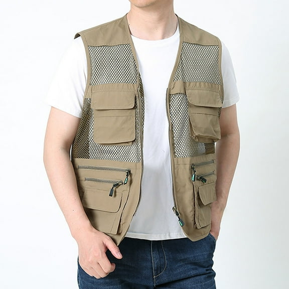 Delliss Men's Summer Solid Color Mesh Zipper Quickly Dry Loose Vest Multi Pockets Sleeveless Waistcoat Khaki M