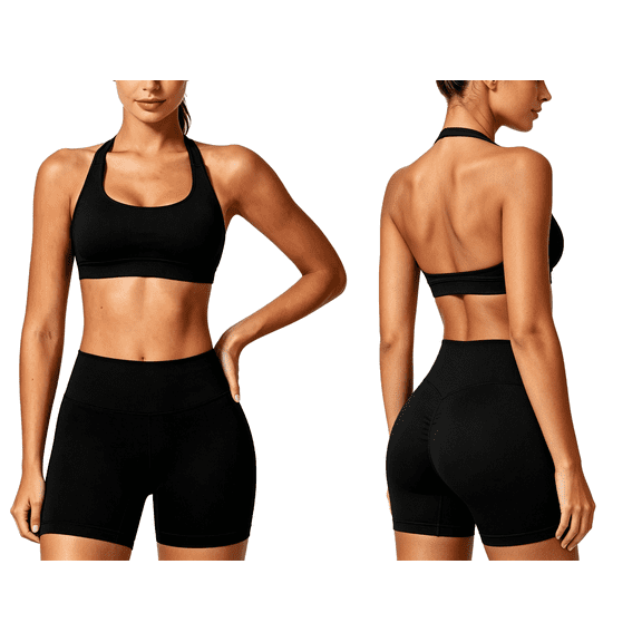 JYTJYT Women's 2 Piece Seamless Workout Set, Halter Sports Bra & High Waist Shorts, Gym Yoga Exercise Outfit, Black, L