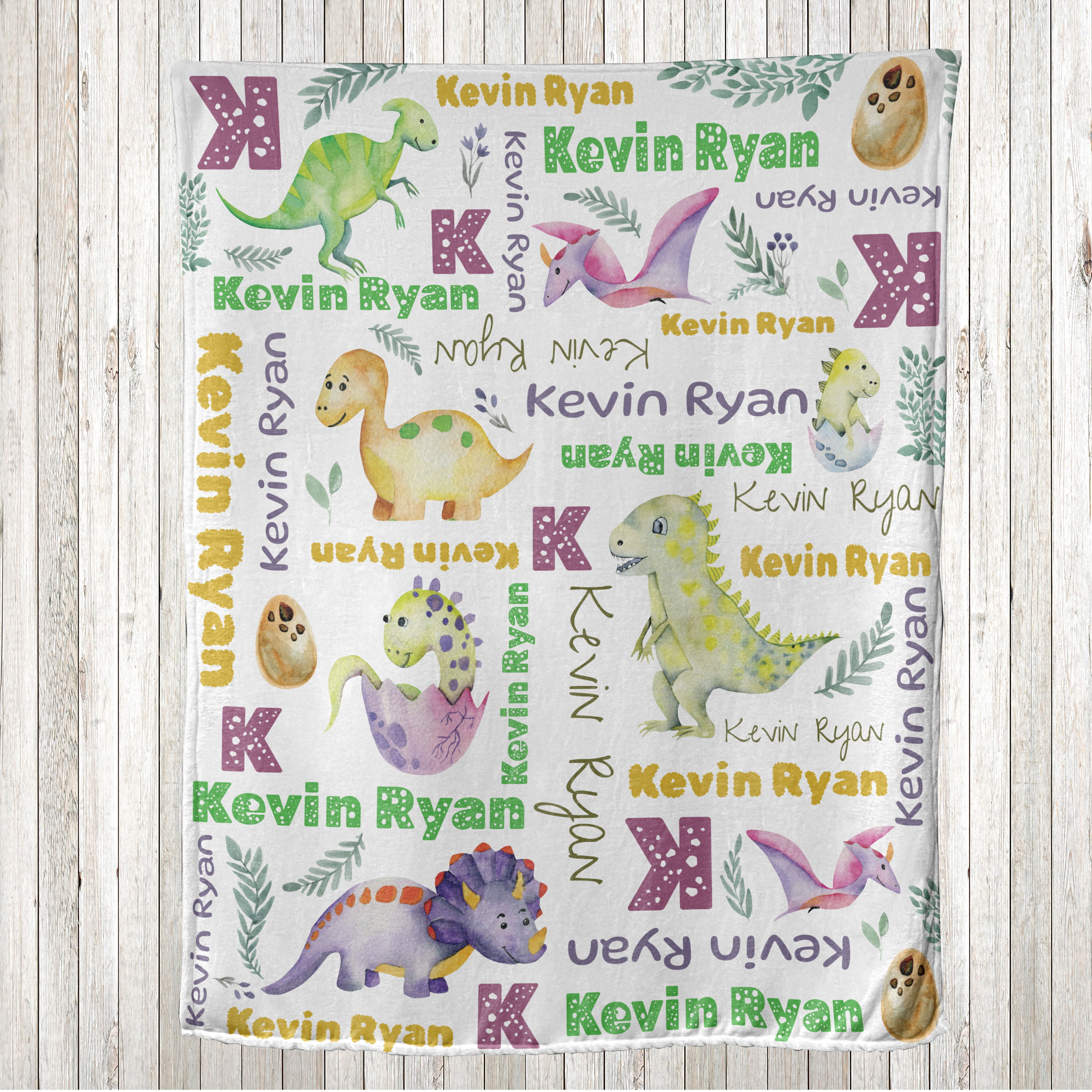 Dinosaur Throw Blanket, Watercolor Design Dino Characters Funny Cartoon  Eggs and Branches, Flannel Fleece Accent with Custom Name Photo Backdrop,  80