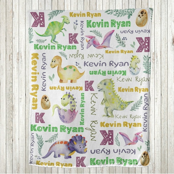 Dinosaur Throw Blanket, Watercolor Design Dino Characters Funny Cartoon Eggs and Branches, Flannel Fleece Accent with Custom Name Photo Backdrop, 60" x 50", Green Pale Purple and Beige, by Ambesonne