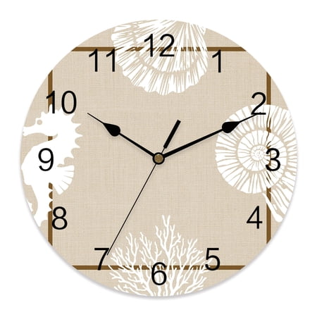 Wall Clock Coastal Hamptons Clocks PVC Silent Non-Ticking Battery Operated Decorative Ocean Coral Conch Shell Round Clock for Home Living Room Kitchen Bedroom Office School Wall Decor 14 Inch