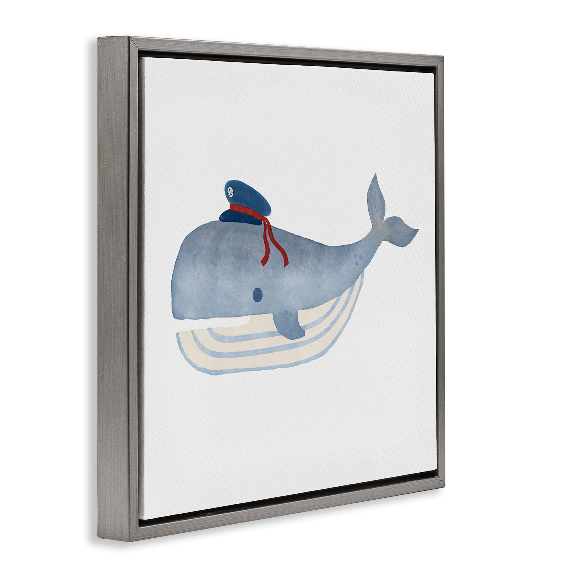 Stupell Industries Captain Whale with Hat Animals Painting Gray Floater Framed Canvas Art Print Wall Art, 18 x 18