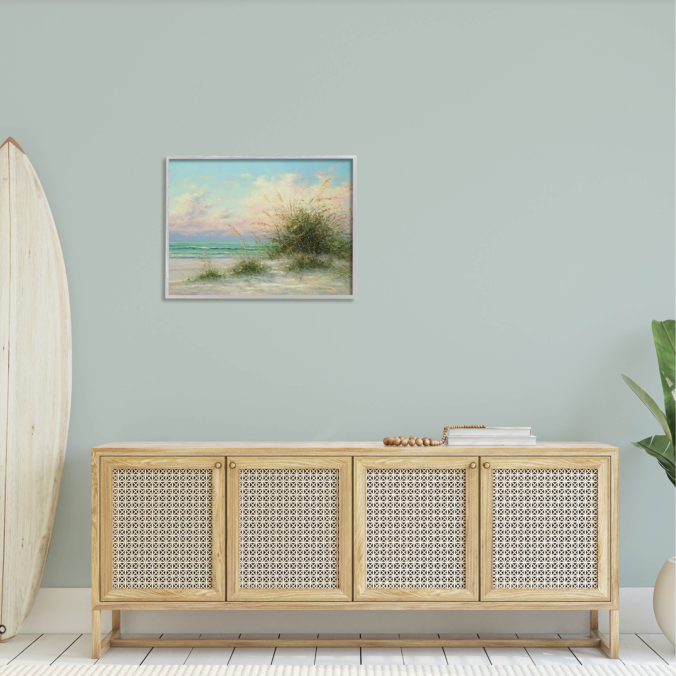 Summer Beach Grass Sea Waves Coastal Painting Gray Framed Art Print Wall Art