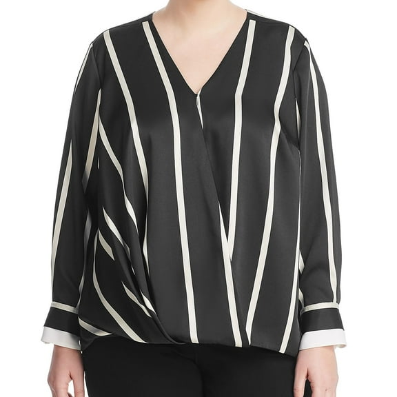 Vince Camuto Womens Stripe Faux Wrap Pullover Blouse, Black, Plus Size, 1X