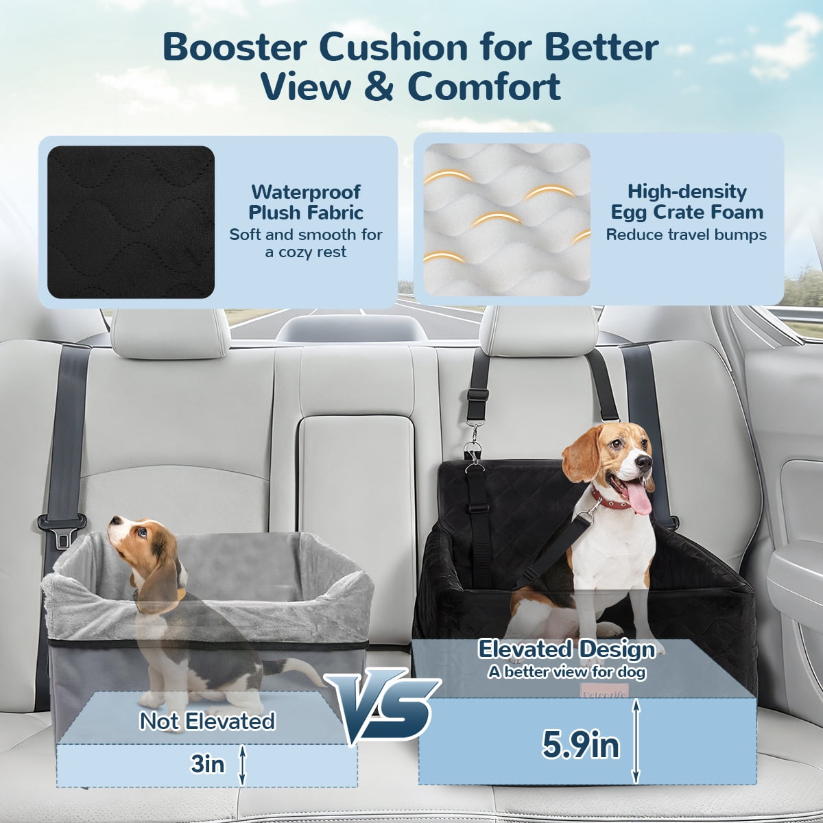 Dog Booster Car Seat for Small/Medium Dogs Up to 35lbs, DOMIPET Pet Car Travel Bed with Storage Pockets & Safety Belt, Elevated Cushion Fully Detachable and Washable