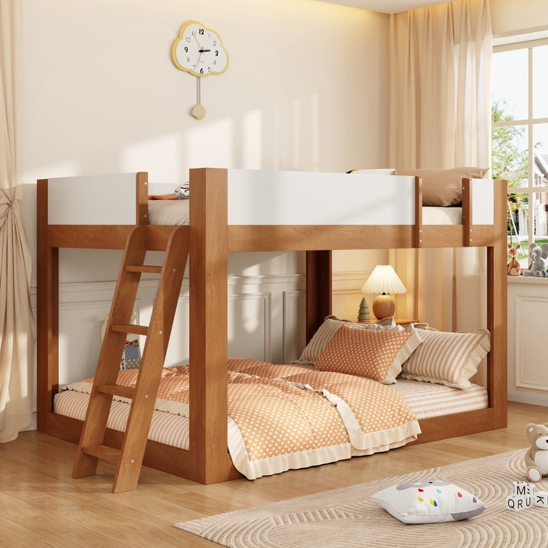 Queen-Over-Queen Low-Profile Bunk Bed with Guardrails, Wooden Kids Bed with Reversible Ladder, Accent Two-Tone Bed Frame
