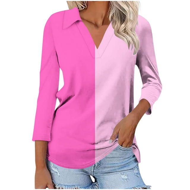 Timegard Haut Femme Manches 3/4 Col à Revers en V T-Shirt à Blocs de Couleur Décontracté Ample Confortable Mode Été