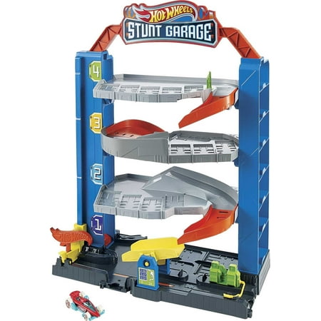 Hot Wheels City Stunt Garage Playset with 1 Toy Car in 1:64 Scale & Storage for 20+ Vehicles