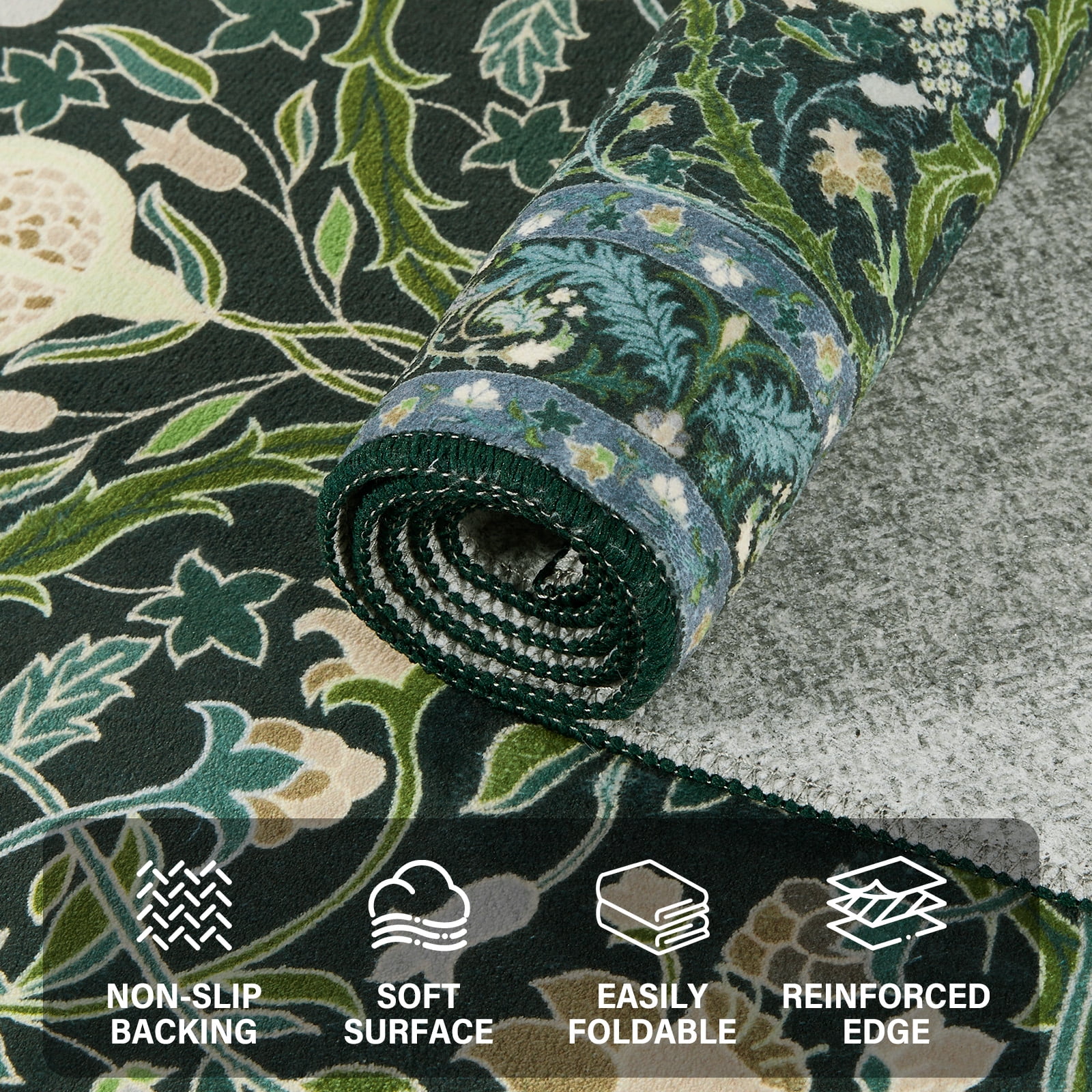 8x10 Area Rugs for Living Room, Green Washable Area Rugs with Non-Slip Backing, Boho Floral Vintage Carpets Low Pile for Dining Room, Bedroom, Home Office, Indoor, Nursery, Apartment.