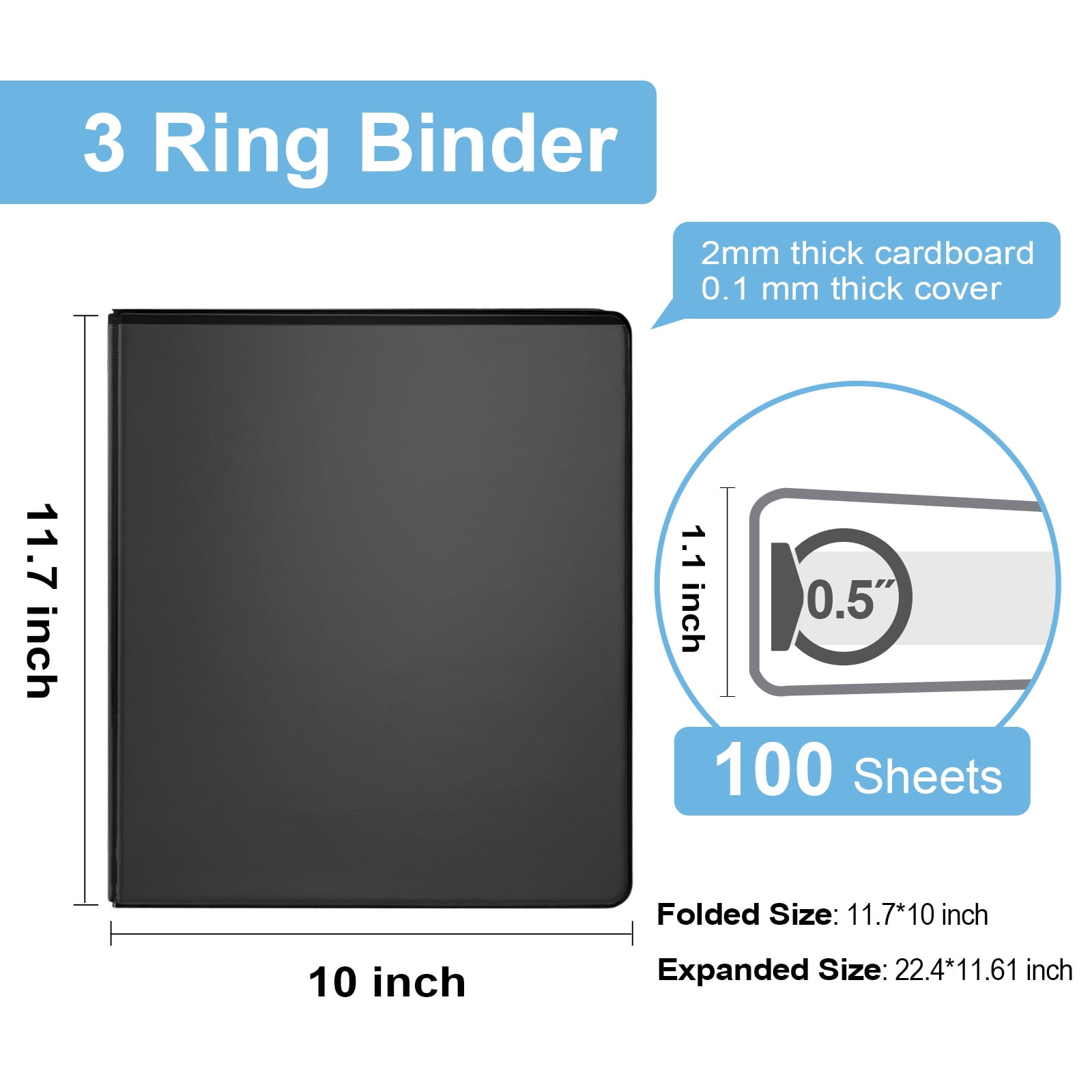 Comix Sturdy 1/2 inch 3 Ring Binder,0.5 inch Round Ring , 100 Sheets Capacity, 12 Pack Black 2mm-thick