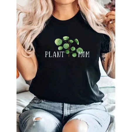 Plant Mom Houseplant Lover Gift Crazy Lady Parent Pilea T-Shirt Print T-Shirt, Casual Crew Neck Short Sleeve Comfort Tee Top For Spring & Summer, Women'S Clothing