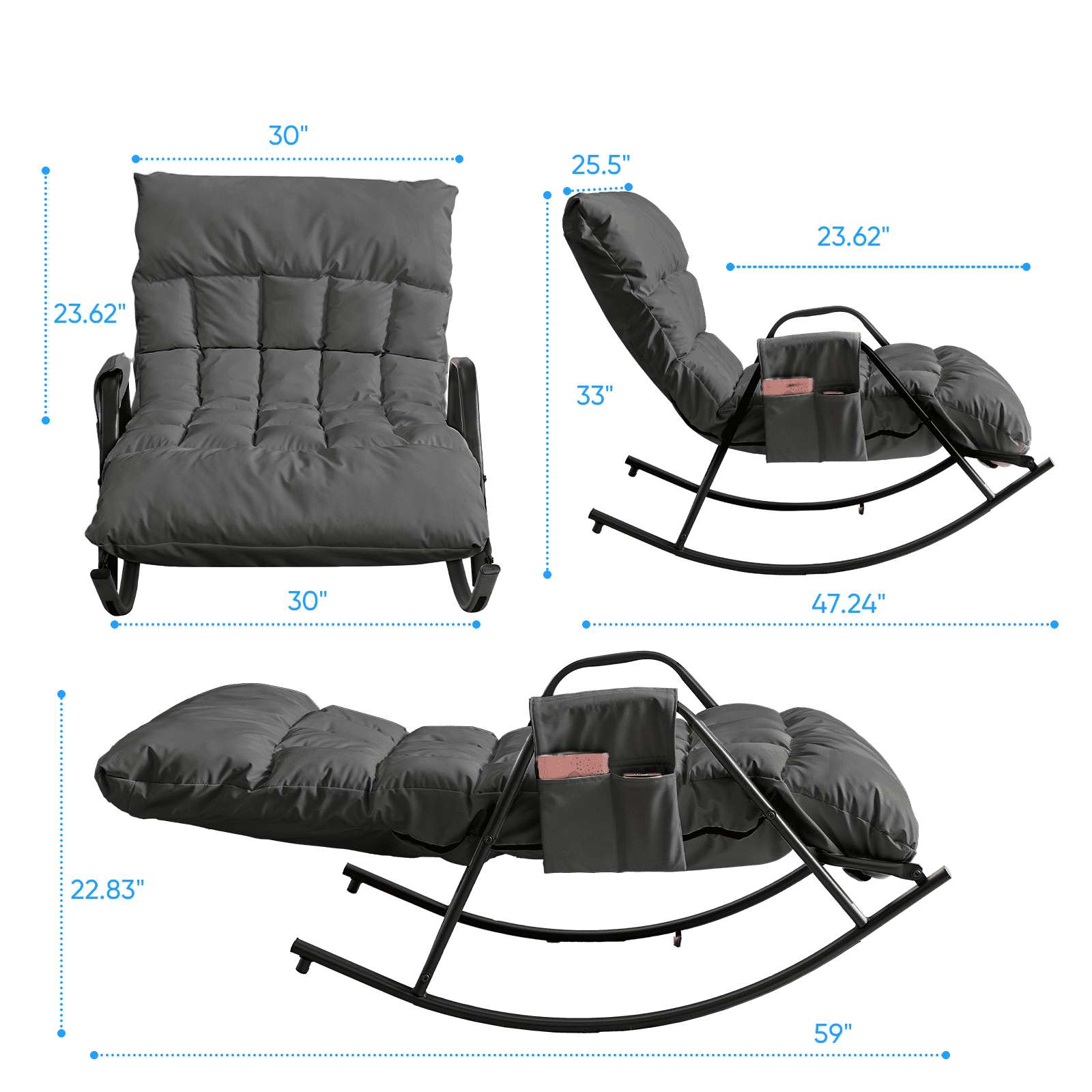 BALUS Rocking Chair, Leather Nursery Recliner with Adjustable Backrest & Footrest, Side Pockets, Modern Living Room Seating Space-Saving Design, Grey
