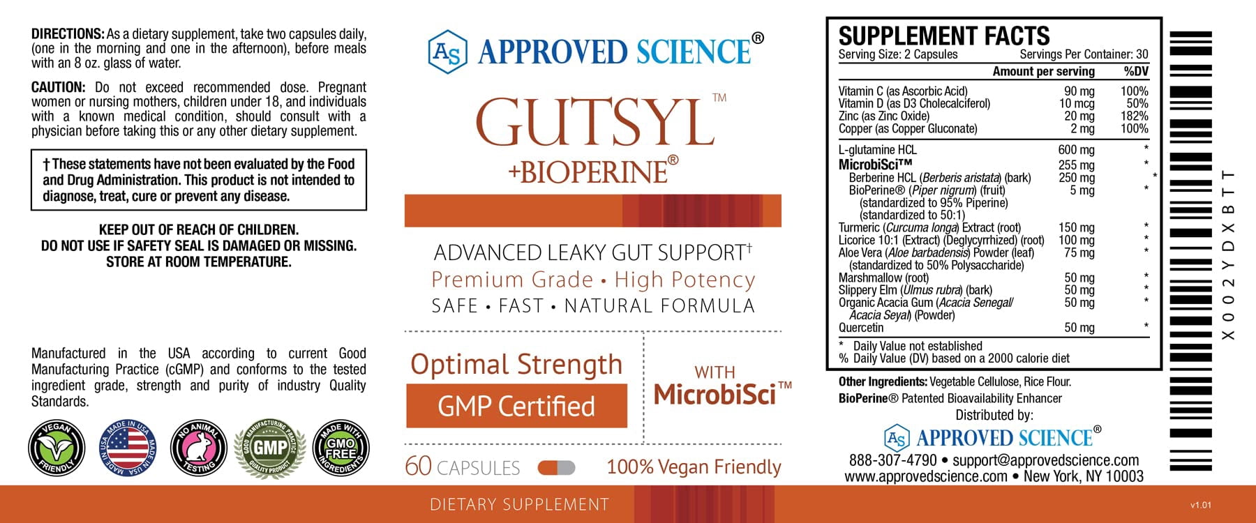 Approved Science Gutsyl - Leaky Gut Supplement - Protect GI Tract with Aloe Vera, Marshmallow Root, Licorice, and Slippery Elm - Contains Prebiotic and BioPerine - 60 Capsules - 100% Vegan