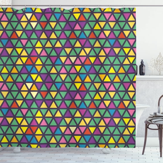 Colorful Shower Curtain, Grid Mosaic Composition with Triangles Abstract Tile Design Retro Style Inspired, Fabric Bathroom Set with Hooks, 69W X 84L Inches Extra Long, Multicolor, by Ambesonne