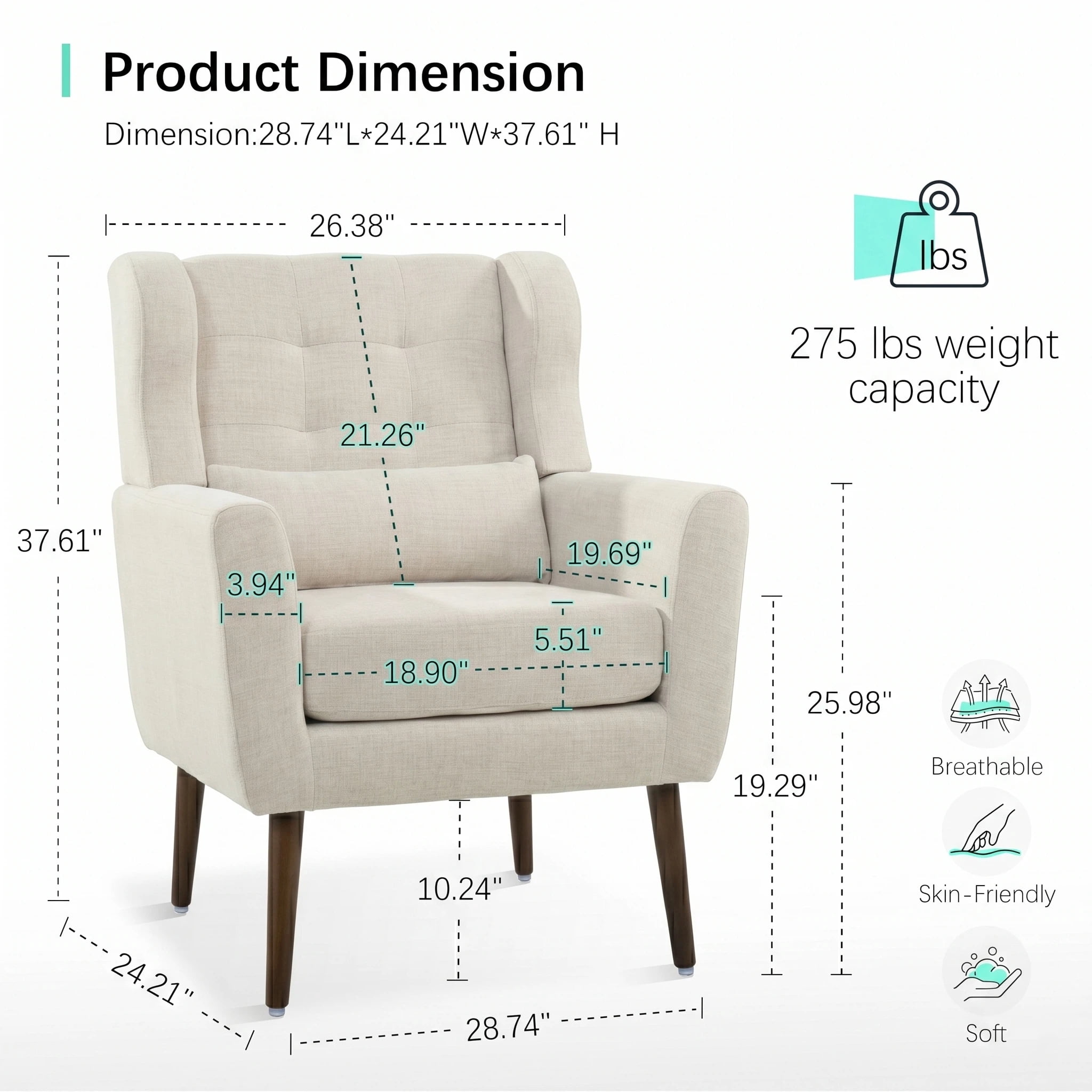 AISWORD Modern Accent Chair, Upholstered Armchair with Pillow, Fabric Single Sofa Chair with Lounge Seat and Wood Legs Accent Chair for Living Room Bedroom Small Spaces, Beige
