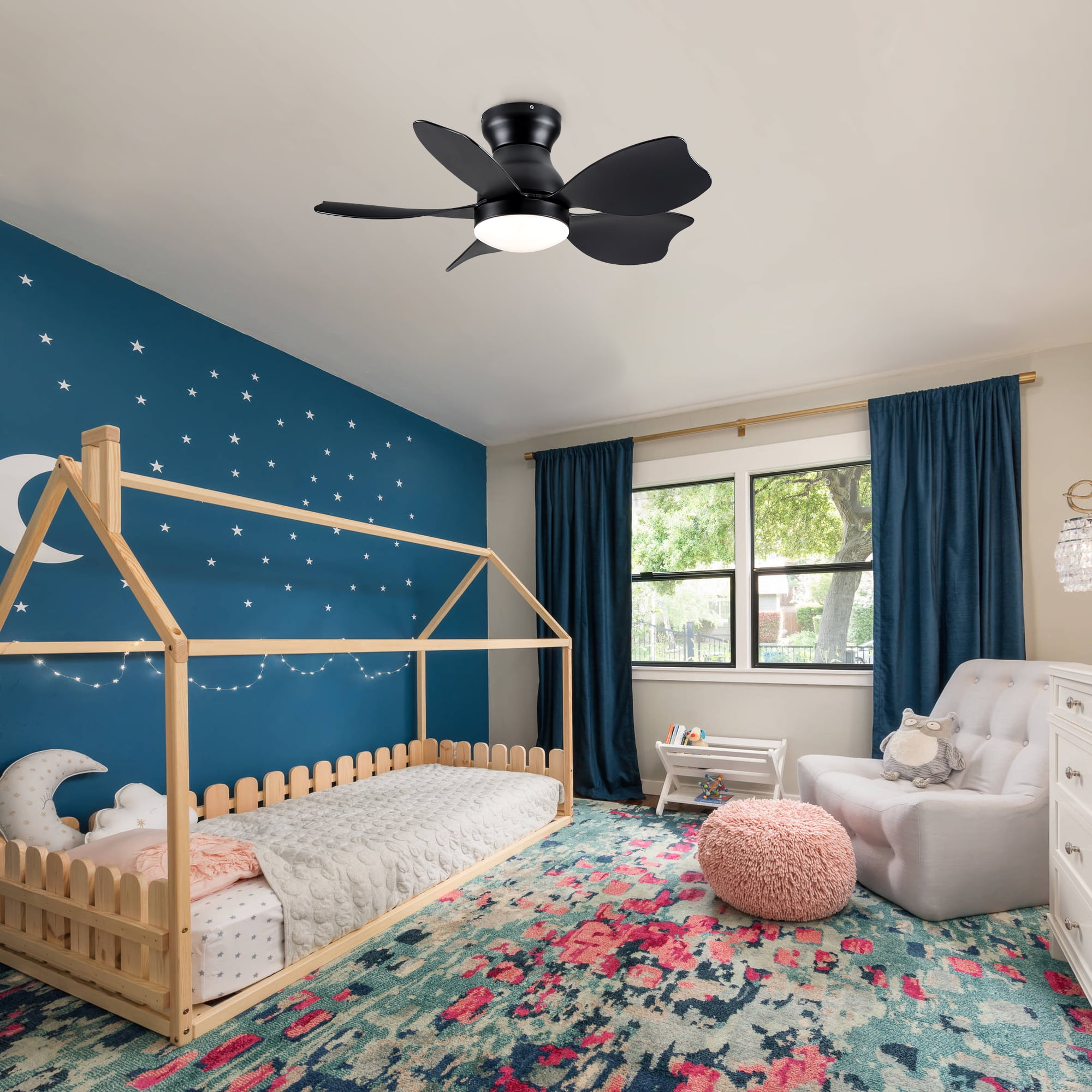 30 inch Flush Mount Ceiling Fan with Light, Modern Black DC Motor Remote Control