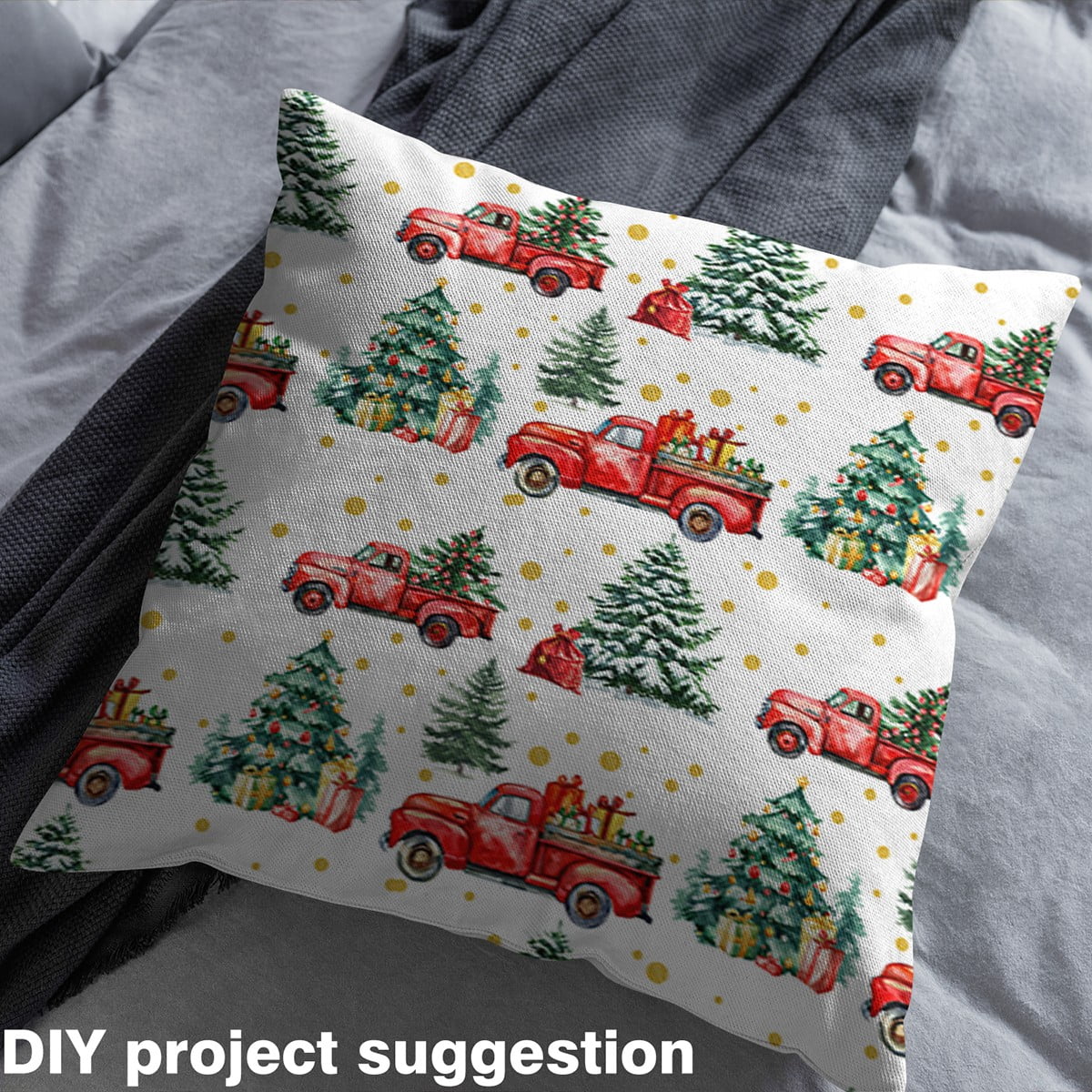 Homewish Merry Xmas Fabric by the Yard 2 Yard,Chic Christmas Tree Room Decor Fabric by the Yard,Red Truck Fabric for Sewing For Adults,Microfiber Bedroom Decor