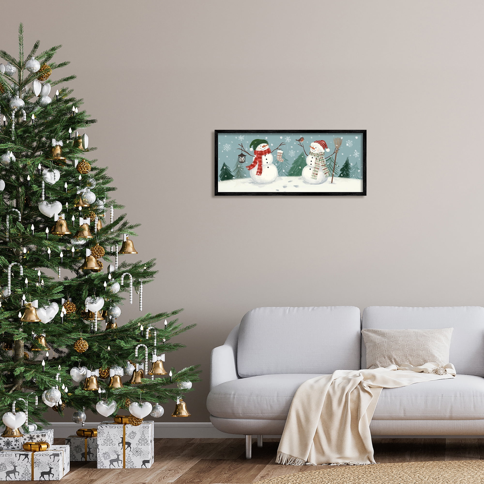 Festive Winter Snowmen Celebrating Falling Snowflakes Landscape Painting Framed Art Print Wall Art
