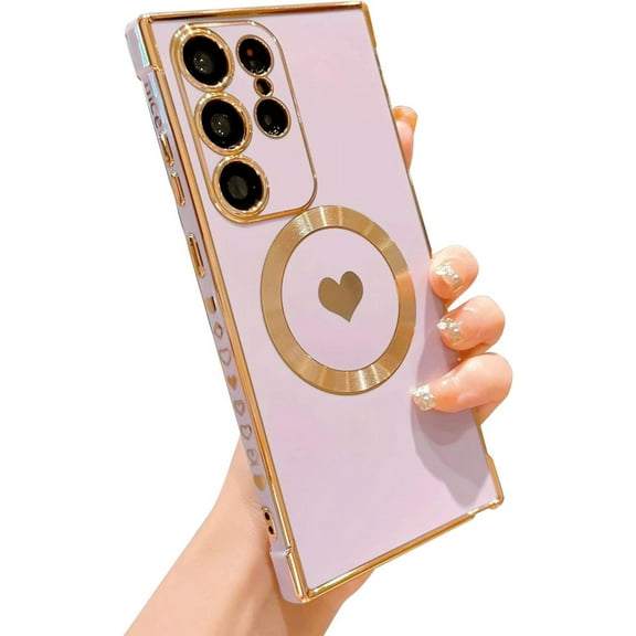 Magnetic Phone Case for Samsung Galaxy S23 Ultra [ Compatible with MagSafe ] S23 Ultra Cute Case for Women Plating Heart Soft Bumper Camera Lens Protection Cover for S22 Ultra 6.8" (Purple)