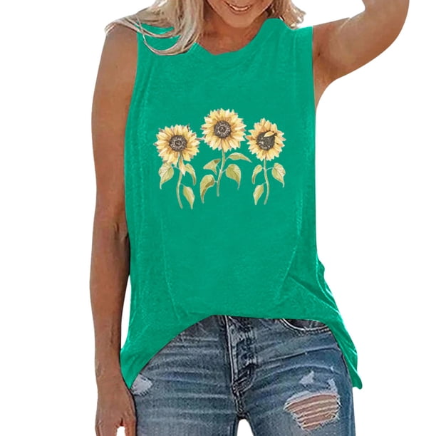 Tallas grandes Camiseta sin mangas con estampado de girasol para mujer, camisetas sin mangas para entrenamiento de Yoga, camiseta holgada con gráfico de ejercicio para correr (Green, L)