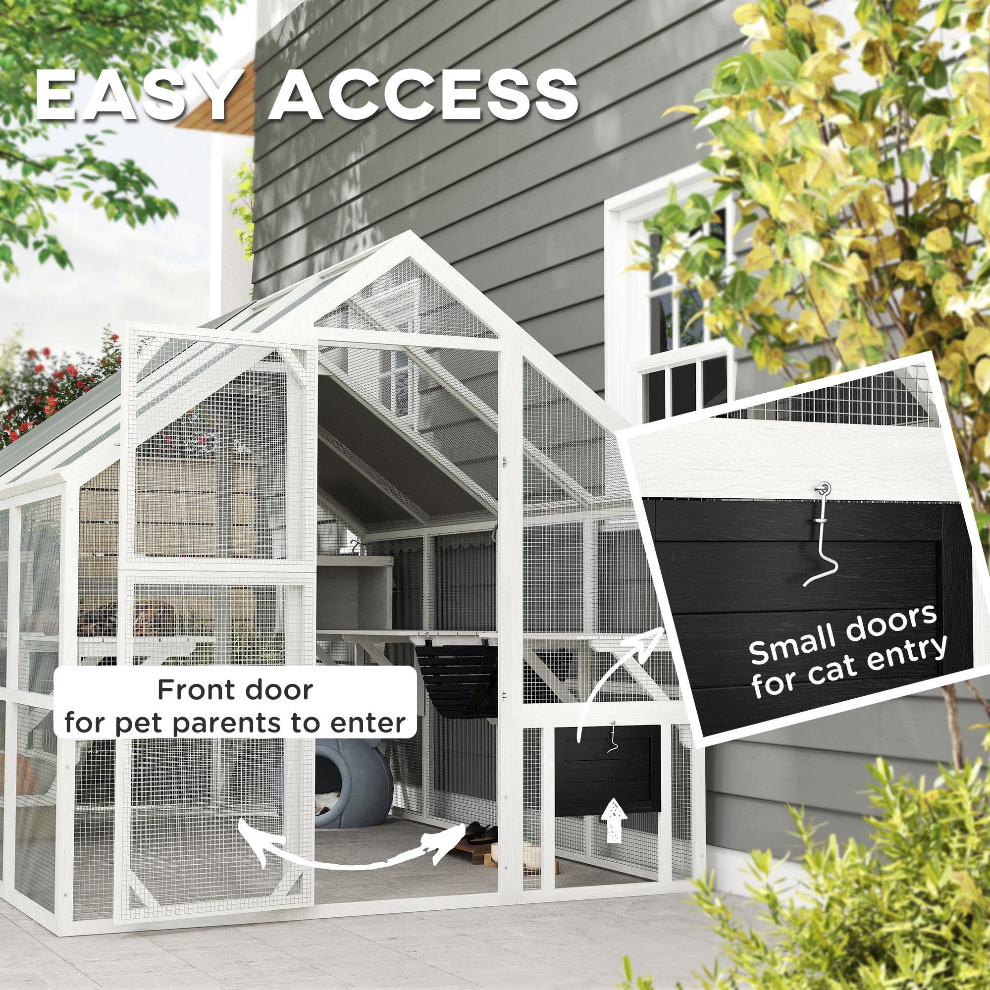 PawHut Large Catio Outdoor Cat Enclosure, Wooden Cat House for Multiple Cats, with Waterproof Cover, 2 Condos, 6 Platforms, Bridge, Doors, White
