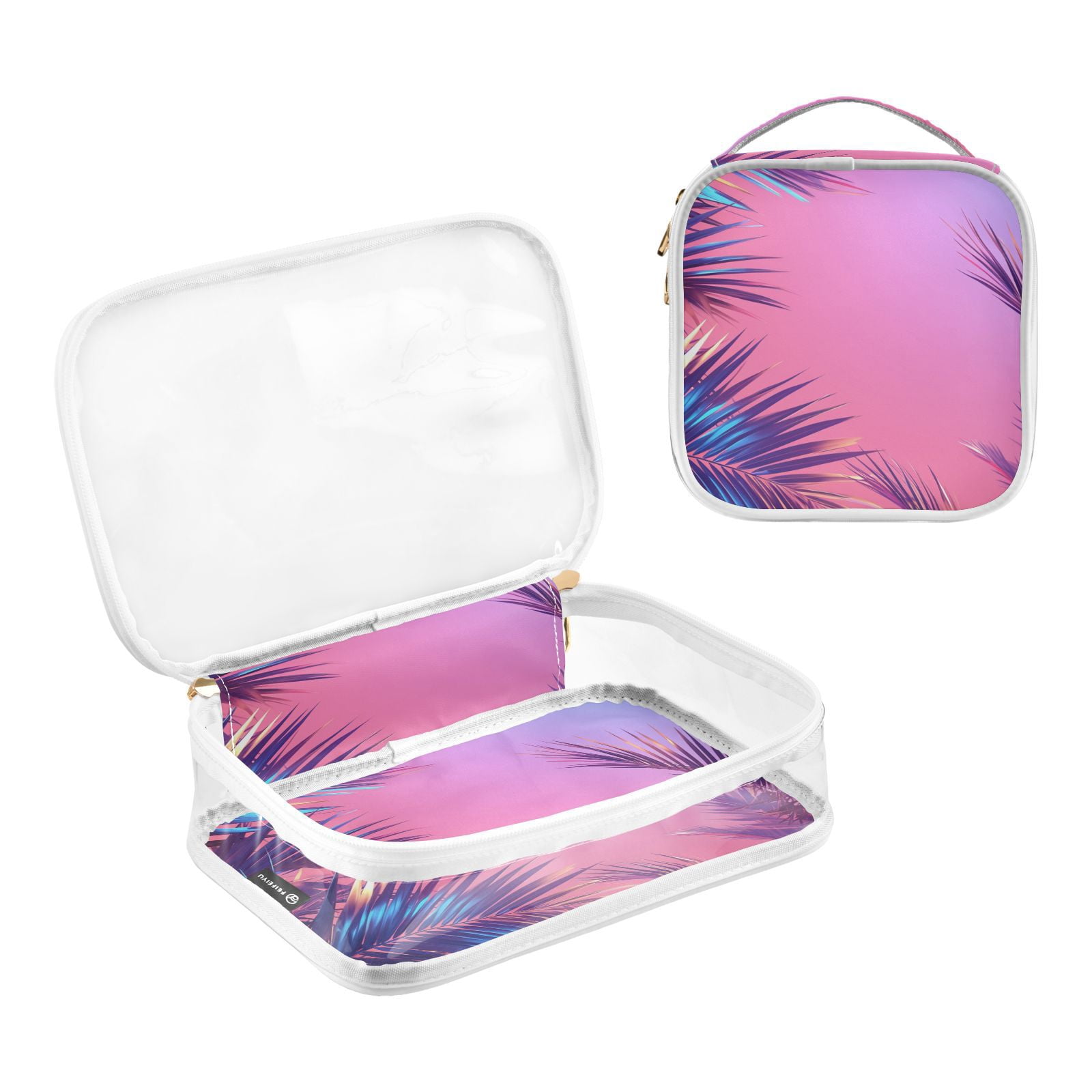 Clear Makeup Bags with Handle Large Opening 2 Pack Set Toiletry Bag Quart Size Bag, for Women Man Traveling Travel Essentials, Toiletries and Other. Neon Color Tropical Plant