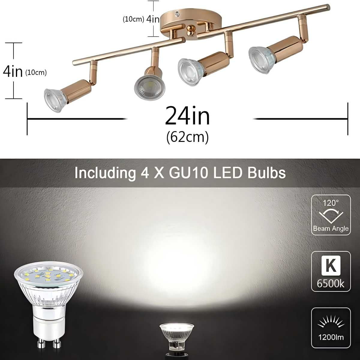 Garwarm Modern 4-Light Track Lighting Kit, Flush Mount Wall/Ceiling Spot Lights Fixture, LED Track Light with Gold Flexibly Rotatable Light Head for Kitchen Living Room, 4×GU10 Bulb (Included)
