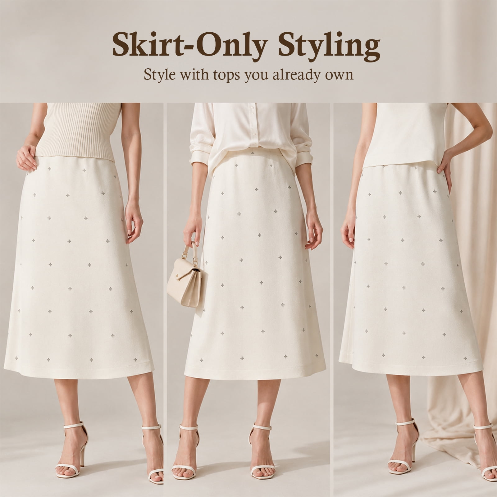 Alvantor Women's Embellished Midi Skirt, Gathered Pull-On Waist with Stretch Lining, Ivory