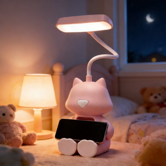 Eespoir Cute Cat LED Desk Lamp with Phone Stand, Nightlight Reading Desk Lamp Lighting, Flexible Gooseneck, Rechargeable Battery, for Bedroom, Study, USB, Adjustable