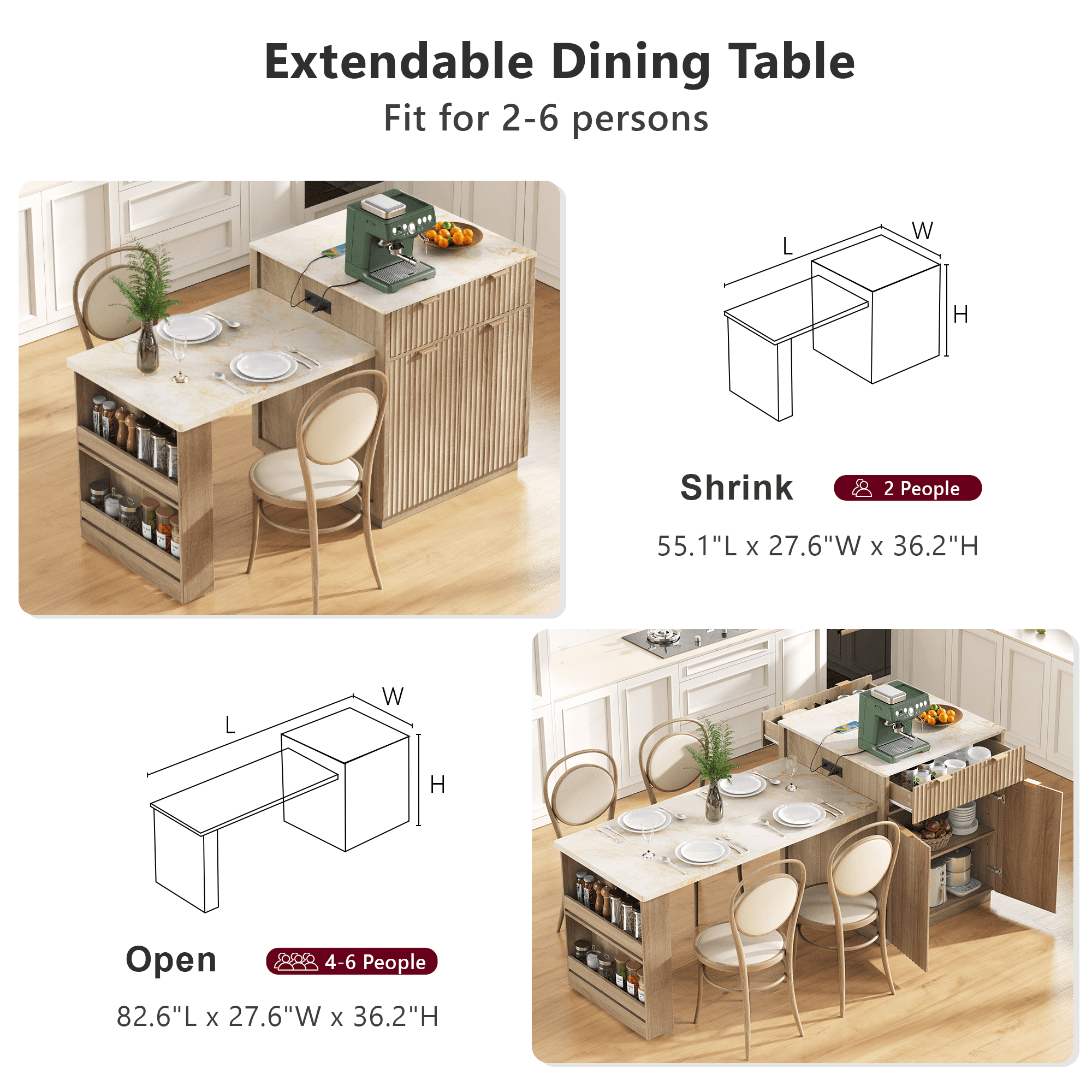 82.6" Fluted Kitchen Storage Island with Extendable Dining Table for 4-6 - Kitchen Table with Power Outlet, Double-Side Storage, 2 Drawers & 2 Side Open Shelves