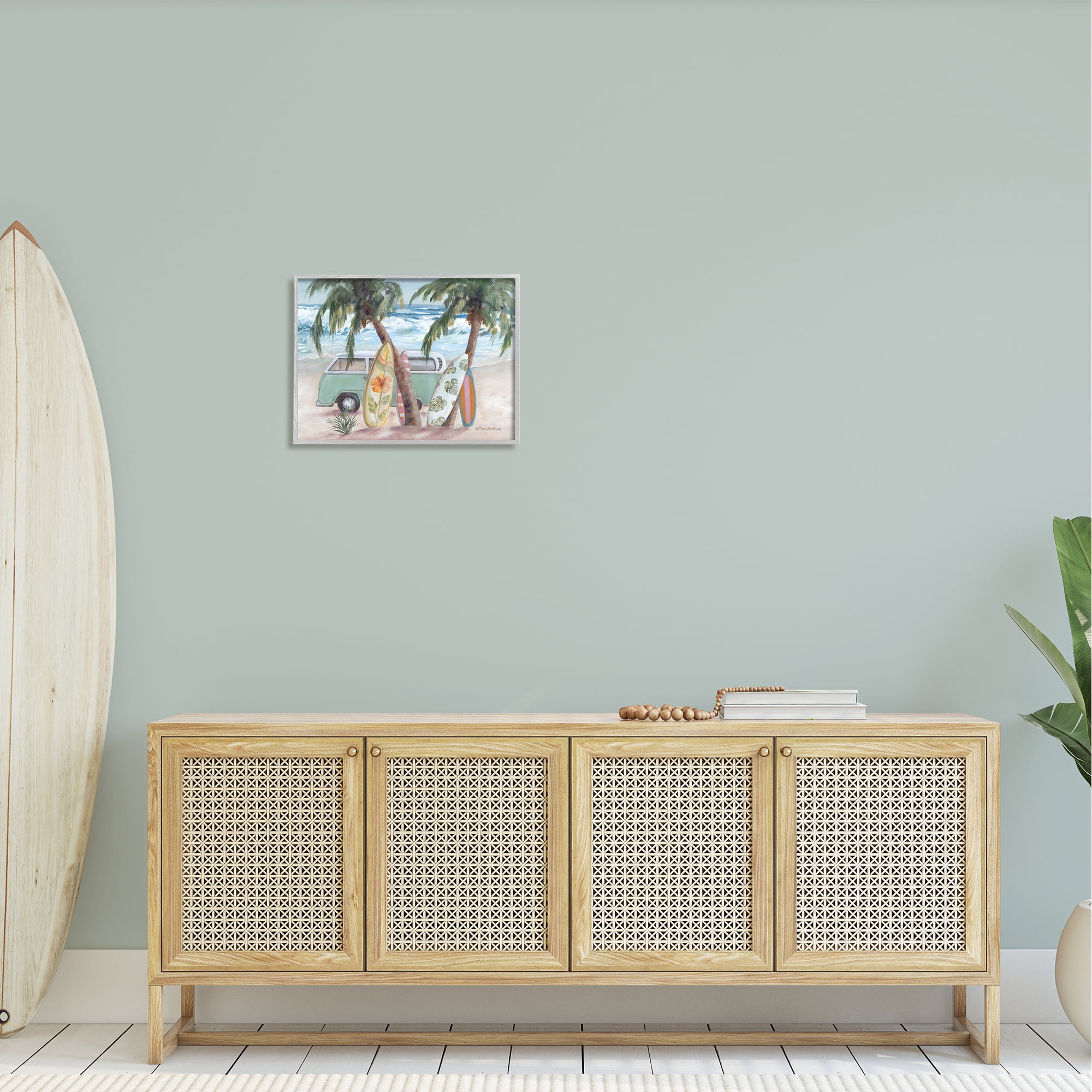 Stupell Summer Waves Tropical Van Surfboards Landscape Painting Gray Framed Art Print Wall Art