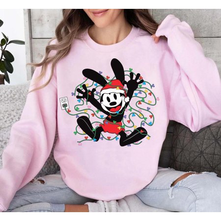 Disney Epic Mickey Oswald The Lucky Rabbit Christmas Lights Sweatshirt, Santa Oswald Crewneck Sweatshirt, Size L, Tee White New