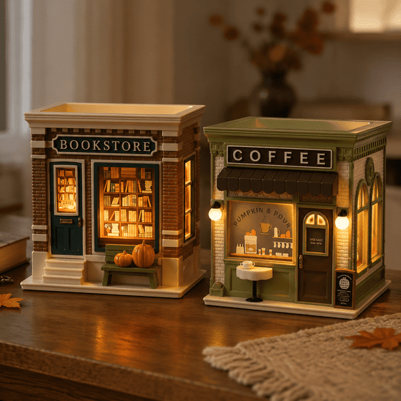 Bookstore and Coffee Shop Candle Holder, Light Up Cafe Book Decor, Colorful 3 Wick Candle Stand, Literary Tabletop Accent For Living Room Bedroom Office Home Decoration