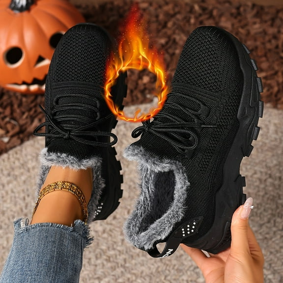 Willtoo Women's Winter Warm Lace Up Sneakers Fur Lined Walking Shoes Lightweight Comfortable Casual Running Shoes for Outdoor Indoor Wear Black