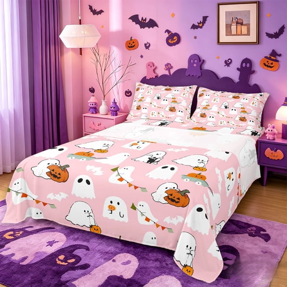 Homewish Cute Cartoon Halloween Ghost Bed Sheets,Pumpkin Bat Banner Print Full Size Sheets,Blush Pink,4-Piece,1 Flat Sheet,1 Fitted Sheet and 2 Pillowcases