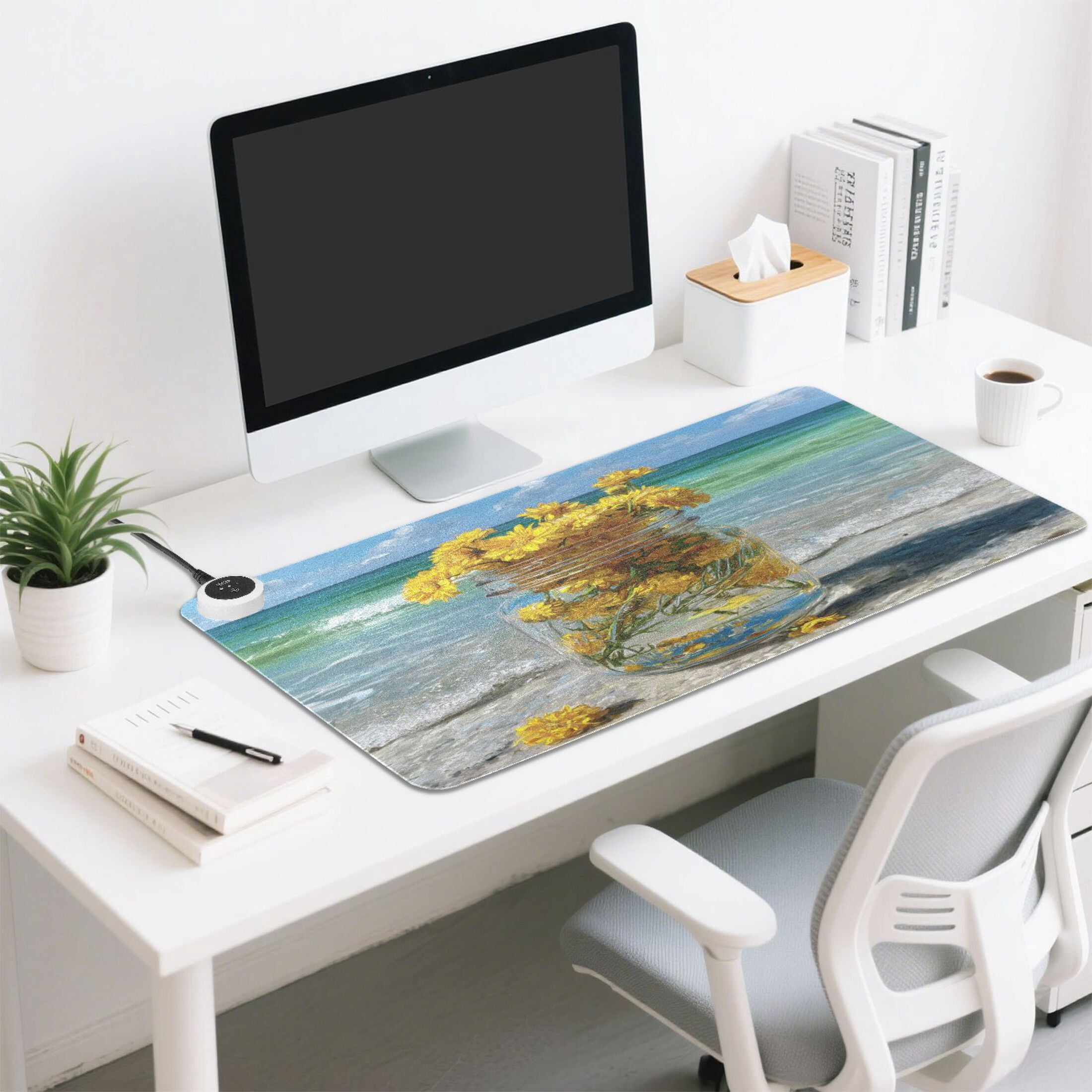 Large Heated Desk Mat Mouse Pad 31.5"x13"PU Leather Graphene Heating Desk Warmer with 3 Temperature Settings 110V US Plug Non-Slip Warm Pad for Home, Office, and Gaming Yellow Daisy Glass Jar