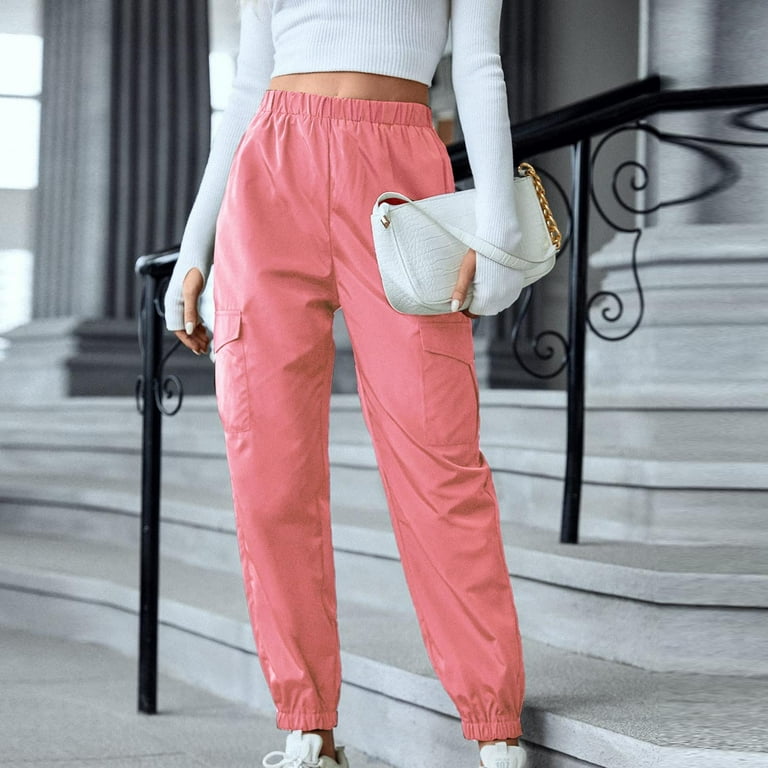 HIMIWAY Cargo Pants Women Palazzo Pants for Women Women's Fashion Solid  Colour Casual Work Trousers Pocket Chinos Pink S 