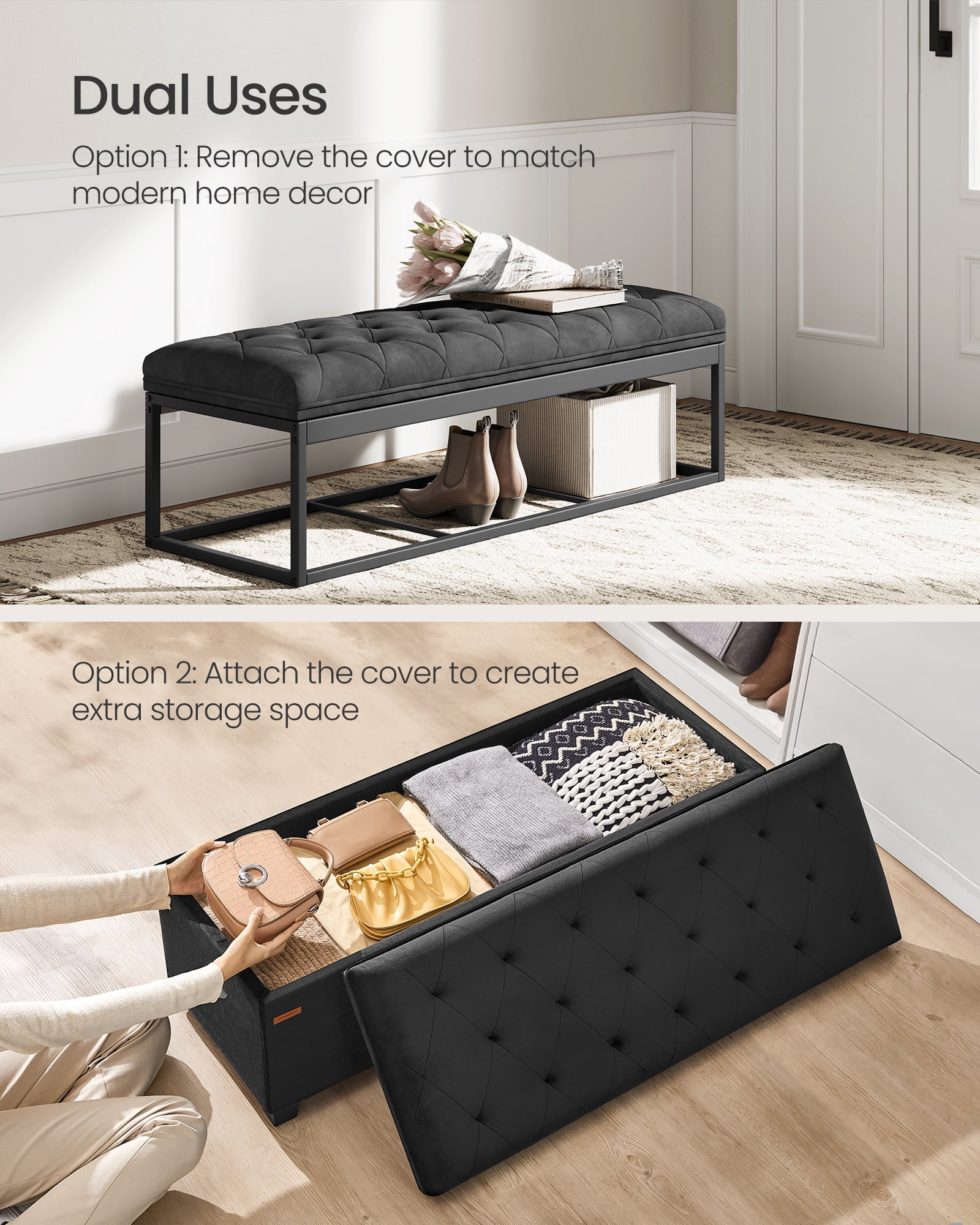 SONGMICS 43" Storage Ottoman Bench Foot Rest with Legs End of Bed Bench Storage Chest Load up to 660 lb for Living Room Bedroom Ink Black