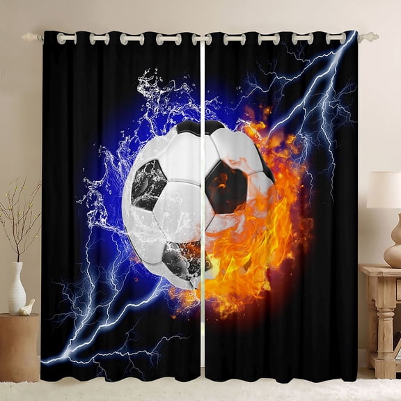 Homewish Football Soccer Black Out Curtains,Ball Sport Game Curtains Pack of 2 (42x63 Each),Black Orange White Bedroom Curtains For Teens,Luxury Bedroom Decor