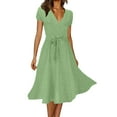 thumbnail image 1 of Kcodviy Robe Décontractée pour Femmes Été Grande Taille Robes d'Été pour Femmes Robe Col en V Uni Robe Formelle d'Automne pour Femmes Couleur Robe à Pois pour Femmes Robe Décontractée Manches Courtes Robe à Lacets avec Lien, 1 of 4