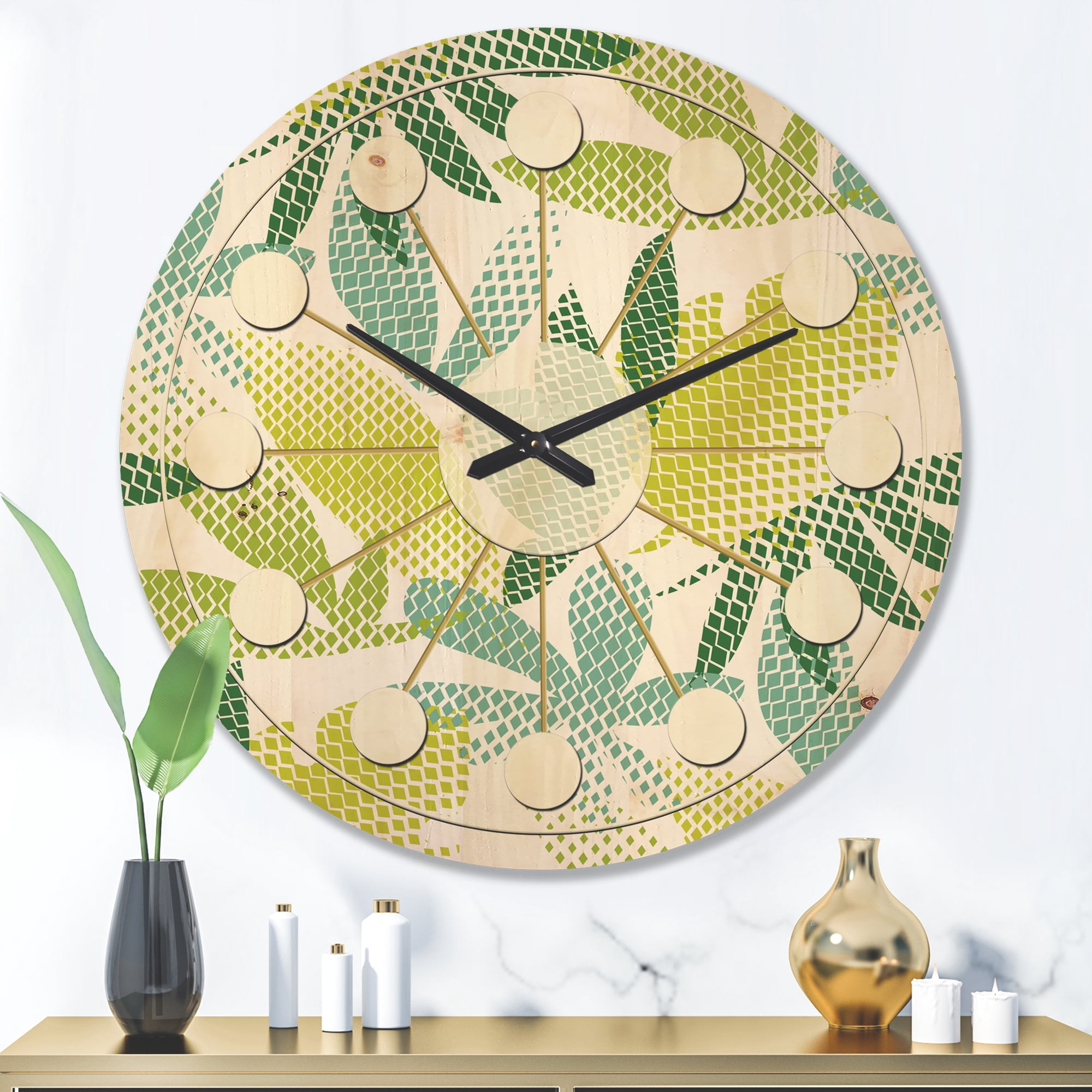 Designart 'Tropical Botanicals On White II' Mid-Century Modern Wood Wall Clock