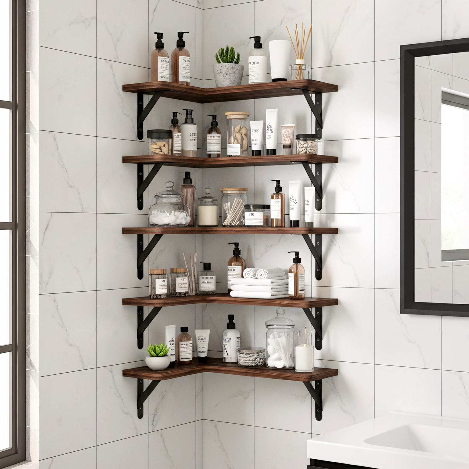Fairy 5 Pack Corner Floating Shelves, Rustic Wood Wall Shelves for Bedroom, Bathroom, Living Room, Kitchen, Dark Brown, 16.1 x 11.4 in