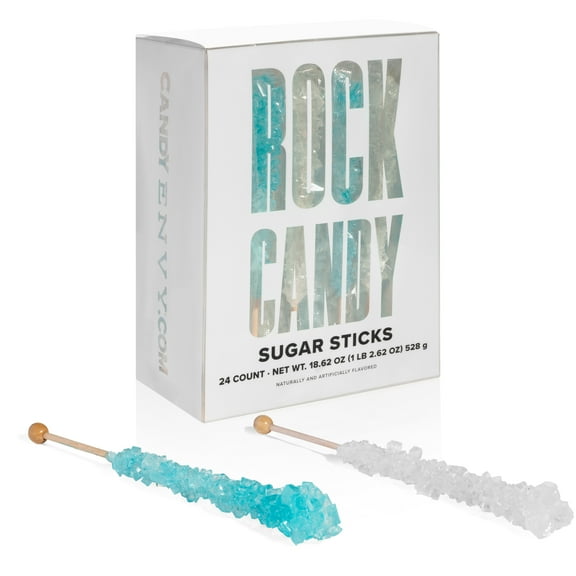 Candy Envy Light Blue and White Rock Candy Sugar Sticks, 24 Ct. Indiv. Wrapped
